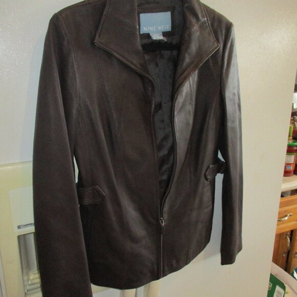 Nine West glove  leather jacket Sz S lined front zip dk brown - Picture 1 of 5